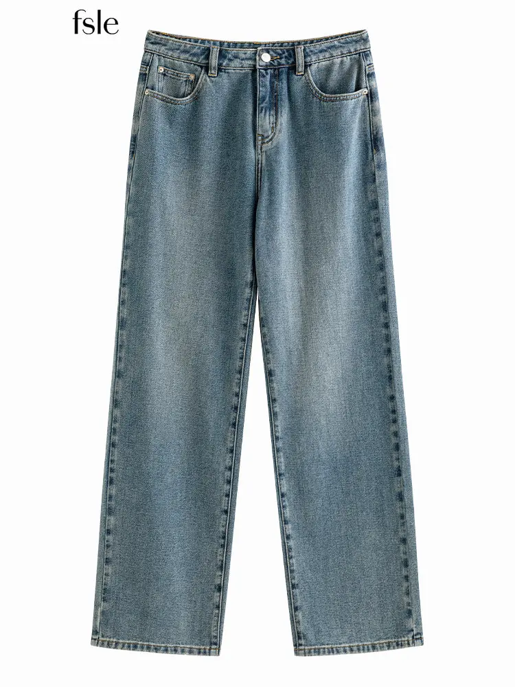 

FSLE Women Retro Washed Straight Jeans 2022 Winter New Cotton Denim Blue Zipper Design Full Length Jeans Women Winter Jean
