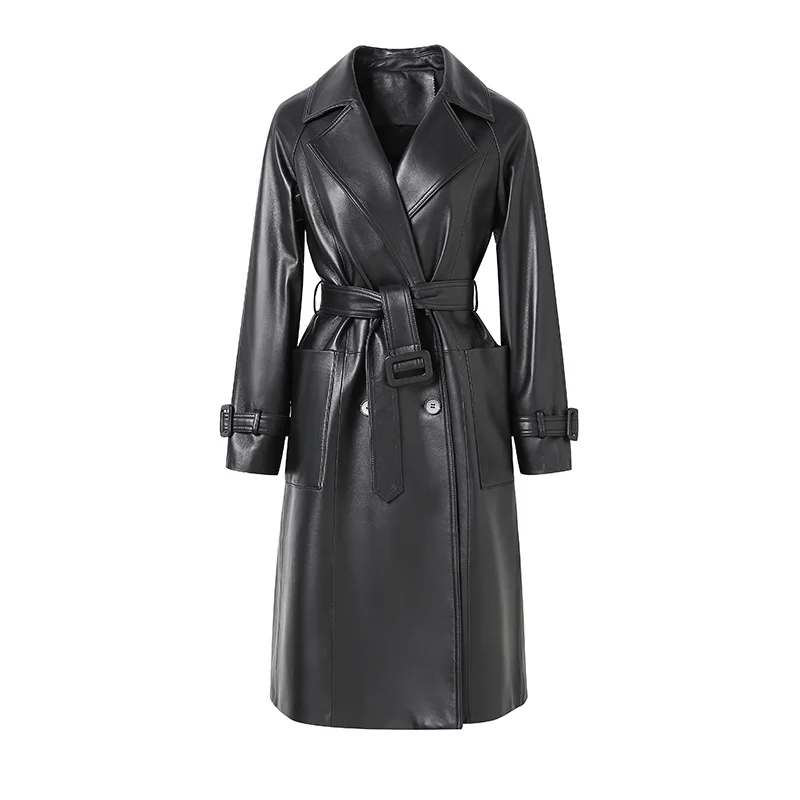 2022 Lady Leather Long Coats Winter Genuine Sheepskin Trench Coats Belt Solid Windproof Fashion Moto Overcoat Streetwear CL5151