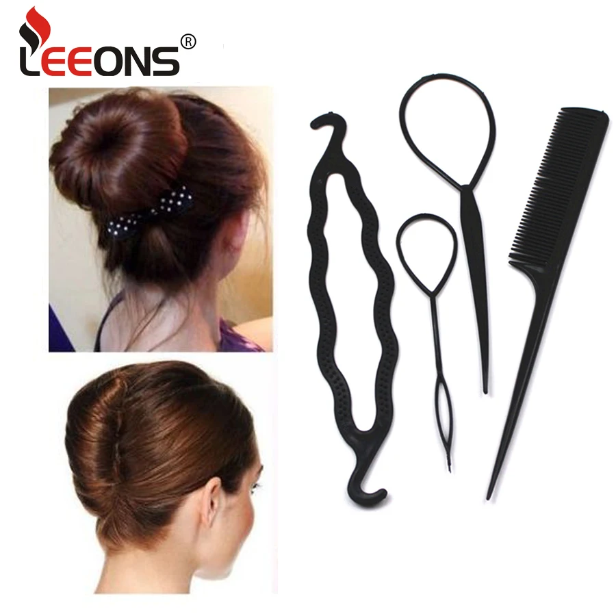

Leeons 1Set(4Pcs) Black Plastic Magic Hair Braid Ponytail Maker Clip Combs Tools Simple Diy Hair Style Accessories Styling