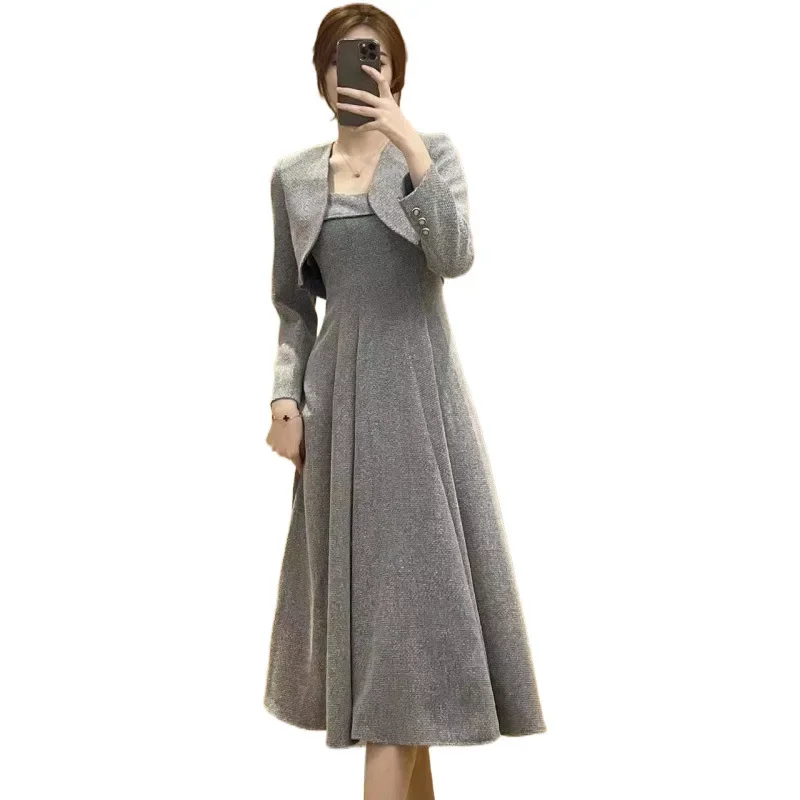 Элегантный женский твидовый костюм платье комплект из 2 предметов осень 2024 новый