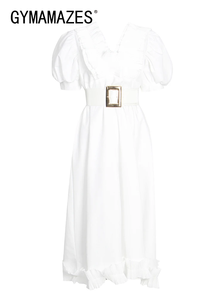 

GYMAMAZES Elegant White Long Dress For Women V Neck Puff Sleeve High Waist Solid Ruffle Trim Dresses Female Clothing Fashion New