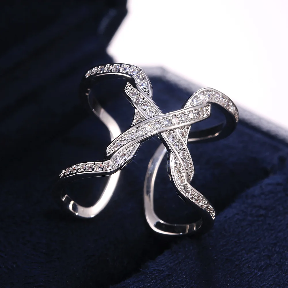 

Simple Exquisite Ladies Open Ring X Cross Birthday Anniversary Gift Bright White CZ Exquisite Girls Jewelry Accessories