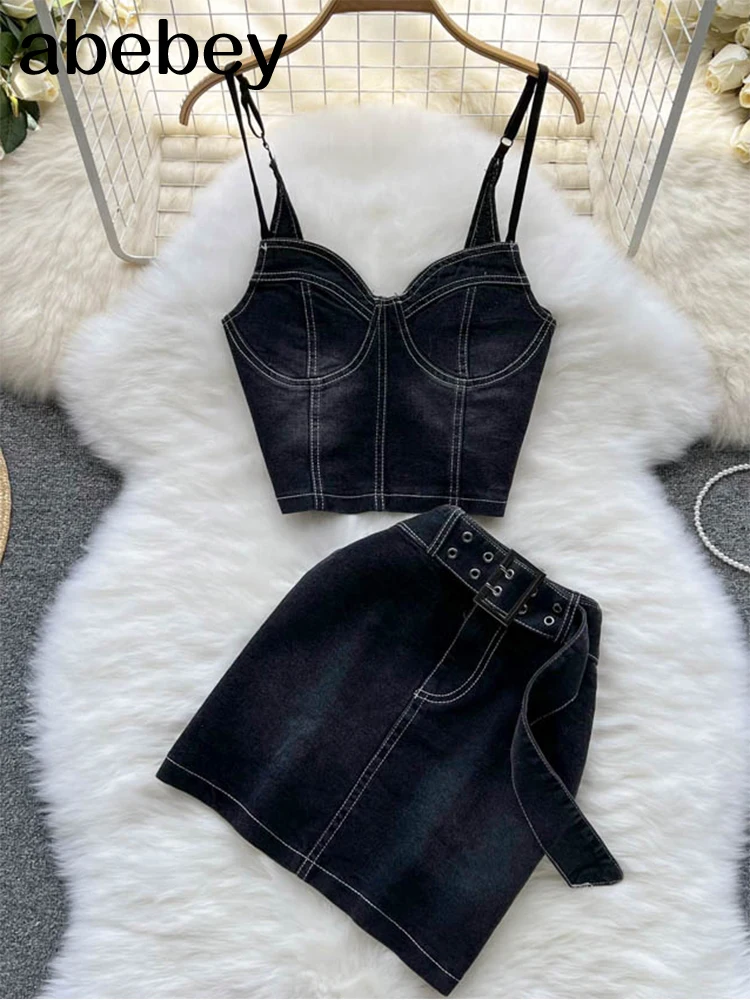 

Summer Black Denim Two Pieces Skirts Sets Women Jeans Streetwear Low Cut Straps Bustier Crop Tops+Mini Bodycon Skirts Club Sets