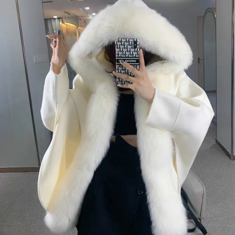 

Woolen Flocking Trench Coat Fall Winter Faux Mink Fur Hooded Cape Cashmere Bat Sleeve Jacket Fur Cloak Fur Shawl Cardigan Tops