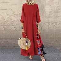 women printed long dress loose o neck plus size vintage 34 sleeve side buttons suitable for party beach work shopping daily