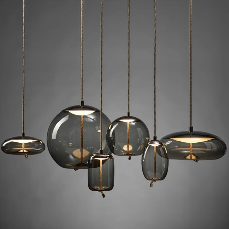 Nordic Retro Design LED Chandelier For Dining Room Kitchen Living Room Bedroom Ceiling Pendant Lamp Grey Glass Hanging Light