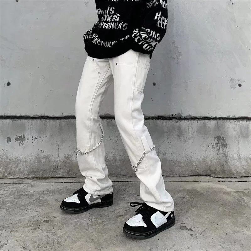 

Black/White Chain Jeans Men Slim Fashion Casual Straight Jeans Mens Streetwear Korean Style Loose Hip Hop Denim Pants Men S-3XL