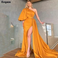 eeqasn mermaid satin evening party dresses formal long puff sleeves one shoulder split special pageant gowns long prom dress