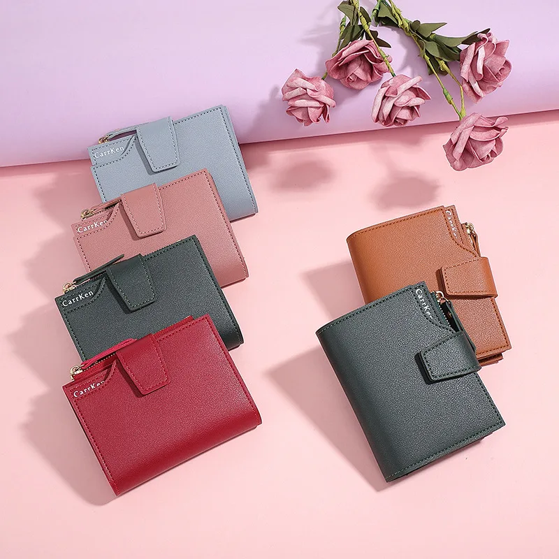 

PU Leather Women's Short Wallet Foldable Portable Lady Coin Purses Card Holder with Zipper Buckle Fashion Female Handbag