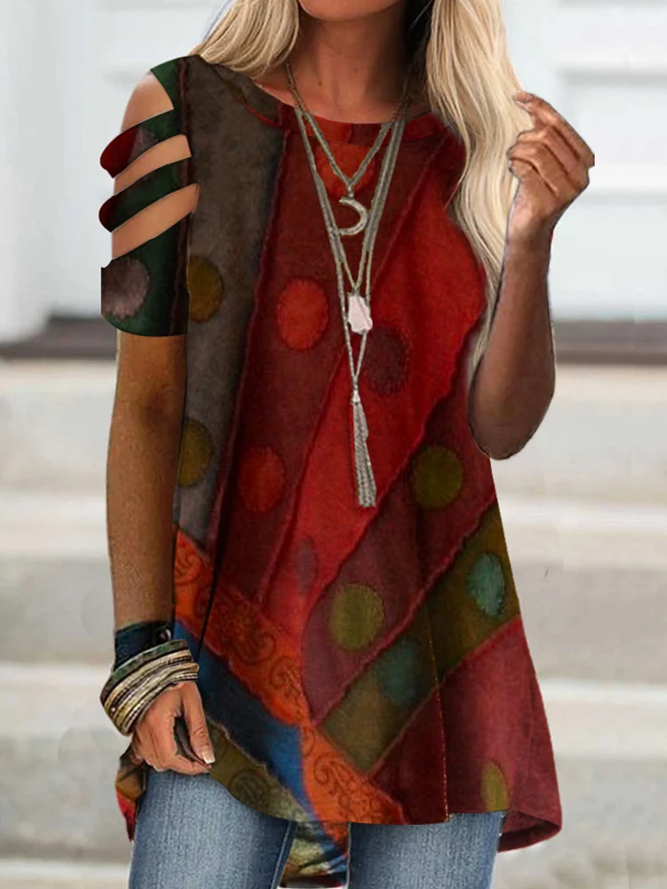 

Vintage Pattern Cricle Print Blouse Shirts Women Sexy Hollow Sleeve Bandage Top Pullover Spring Summer O Neck Loose Beach Blusas