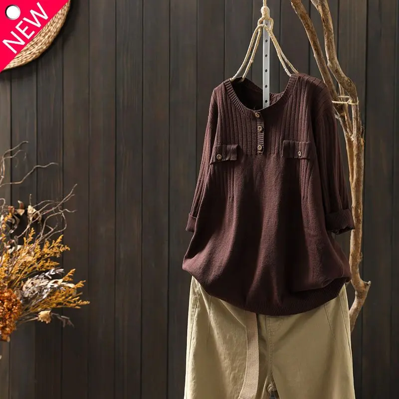 

Женский трикотажный пуловер с круглым вырезом и рукавом 3/4