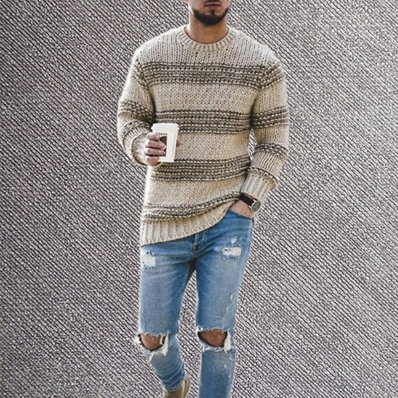Men's Autumn and Winter Fashion Round Neck Knitted Top Striped Casual Sweater