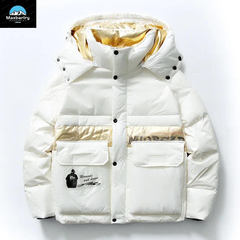 Пуховик мужской с капюшоном модная теплая куртка на черном золотом белом утином