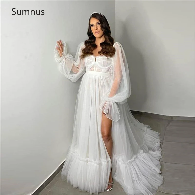 Sumnus A-line Tulle Wedding Dresses Puff Sleeves Illusion Sweetheart Vestidos De Novia Bohemian Slit Suknia Slubna Bridal Gowns