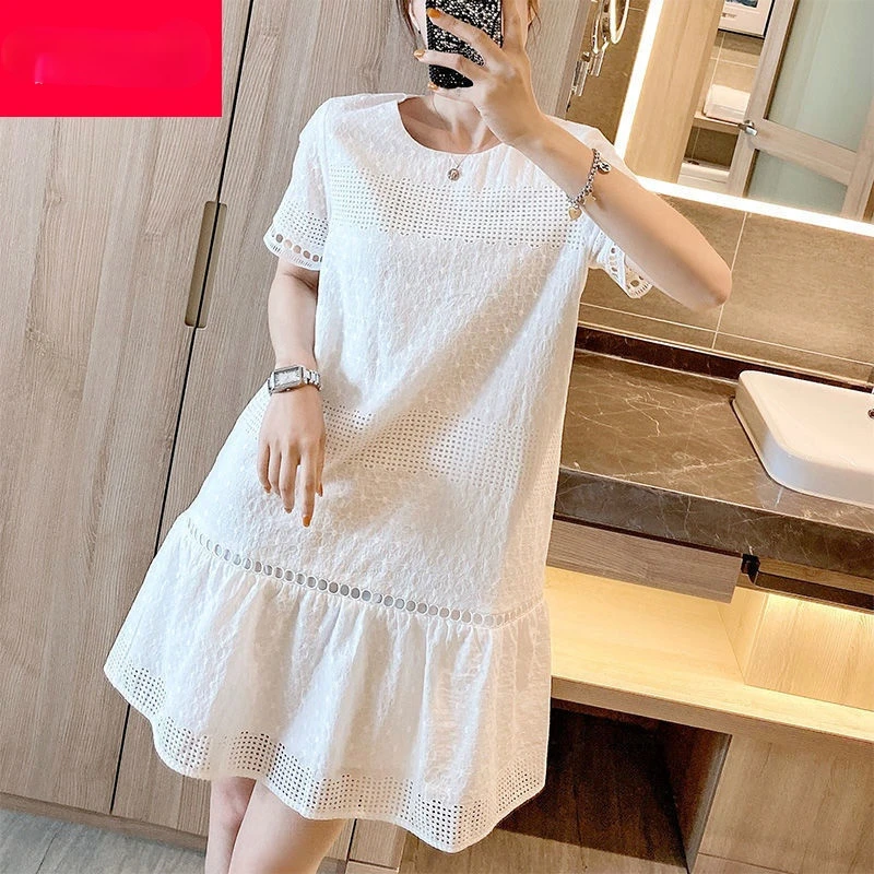 

Lace Vintage Dress Women Sexy White Korean Fashion O-neck High Waist Short Sleeve Loose Vestidos Woman Summer Clothing J306