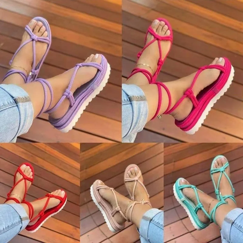 

Summer New Women Wedge Sandals Thick-soled Sponge Cake Hemp Rope Woven Sandals Ladies Large Size Round Toe Beach Sandals Female