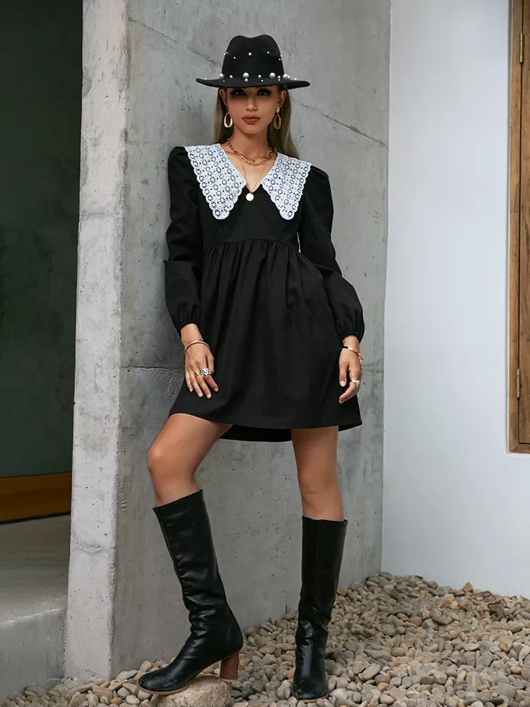 

2023NEW Vintage peter pan collar black women lace dress Puff sleeve v-neck smock mini dresses A-line high waist loose vestidos