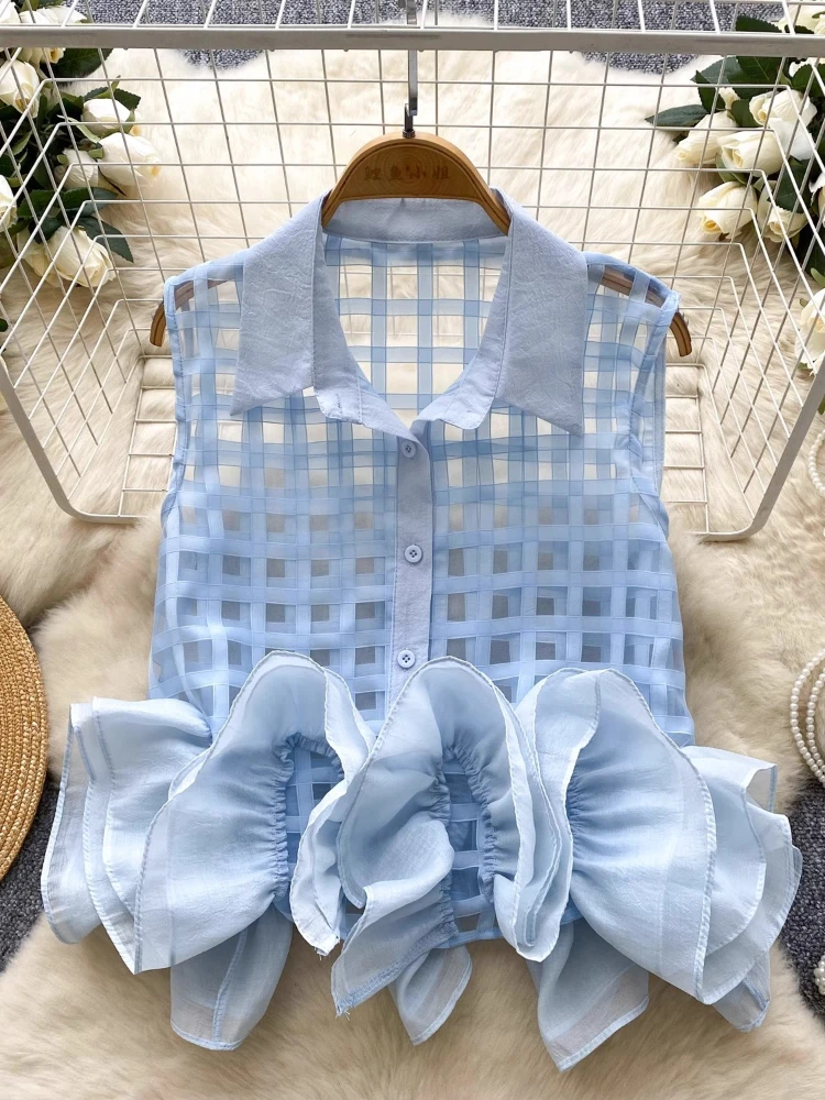 Блузка с 3d оборками по подолу Mujer новые летние рубашки и блузки вырезом на лацкане