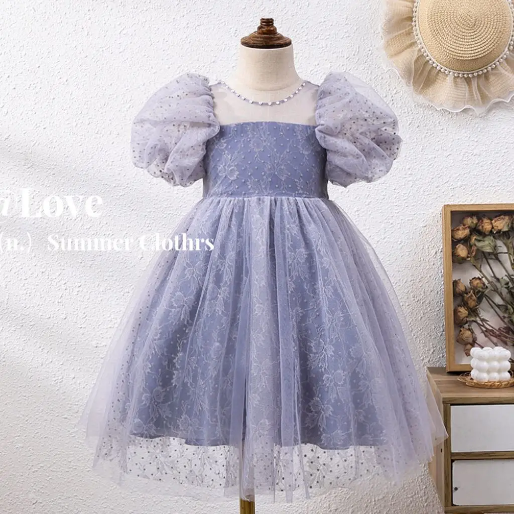 

Fashion Girls trend short-sleeved dress Summer new children's mesh princess dress children's bow purple Floral pearl Dress