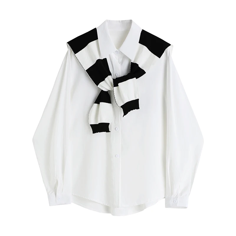 

SuperAen 2022 Spring Autumn Casual White Shirt Women's Shoulder Stripe Contrast Color Knitting Shawl All Match Top Two-piece