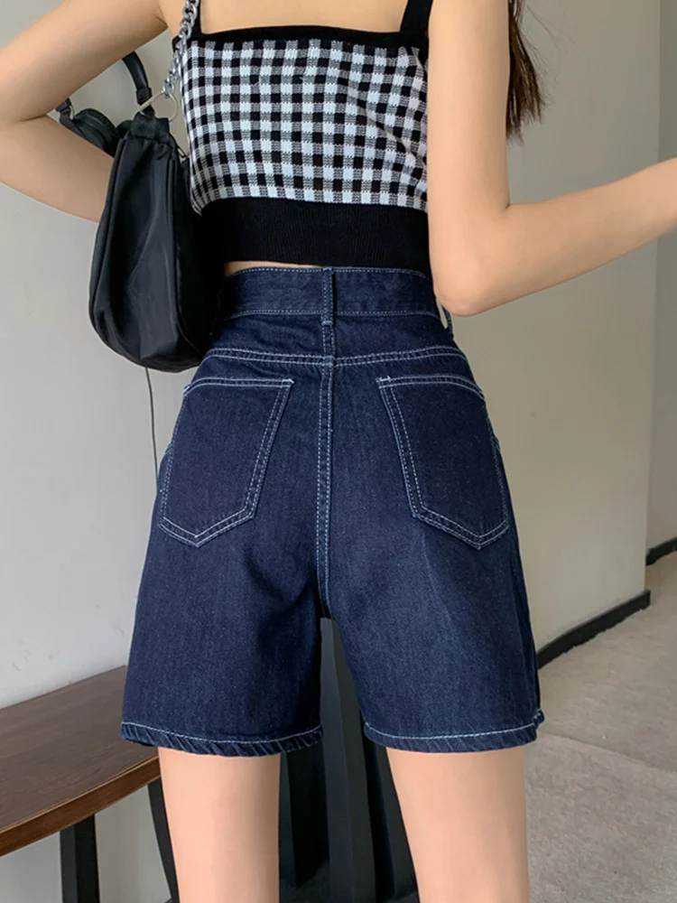 New Summer Women Wide Leg Straight Blue Denim Shorts Streetwear Female High Waist Button Loose Jeans Shorts Bottoms