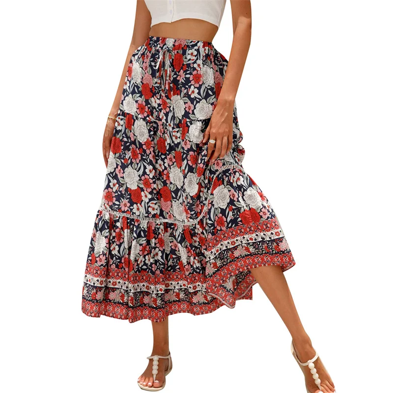 

Summer Casual Elegant Floral Print Long Skirts Ruffles Hem Women Drawstring High Waist Swing Skirt for Beach Holiday