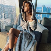 bath robes for women thickened warm fleece ladies nightgown hooded cardigan kawaii home wear button night gown winter long robe