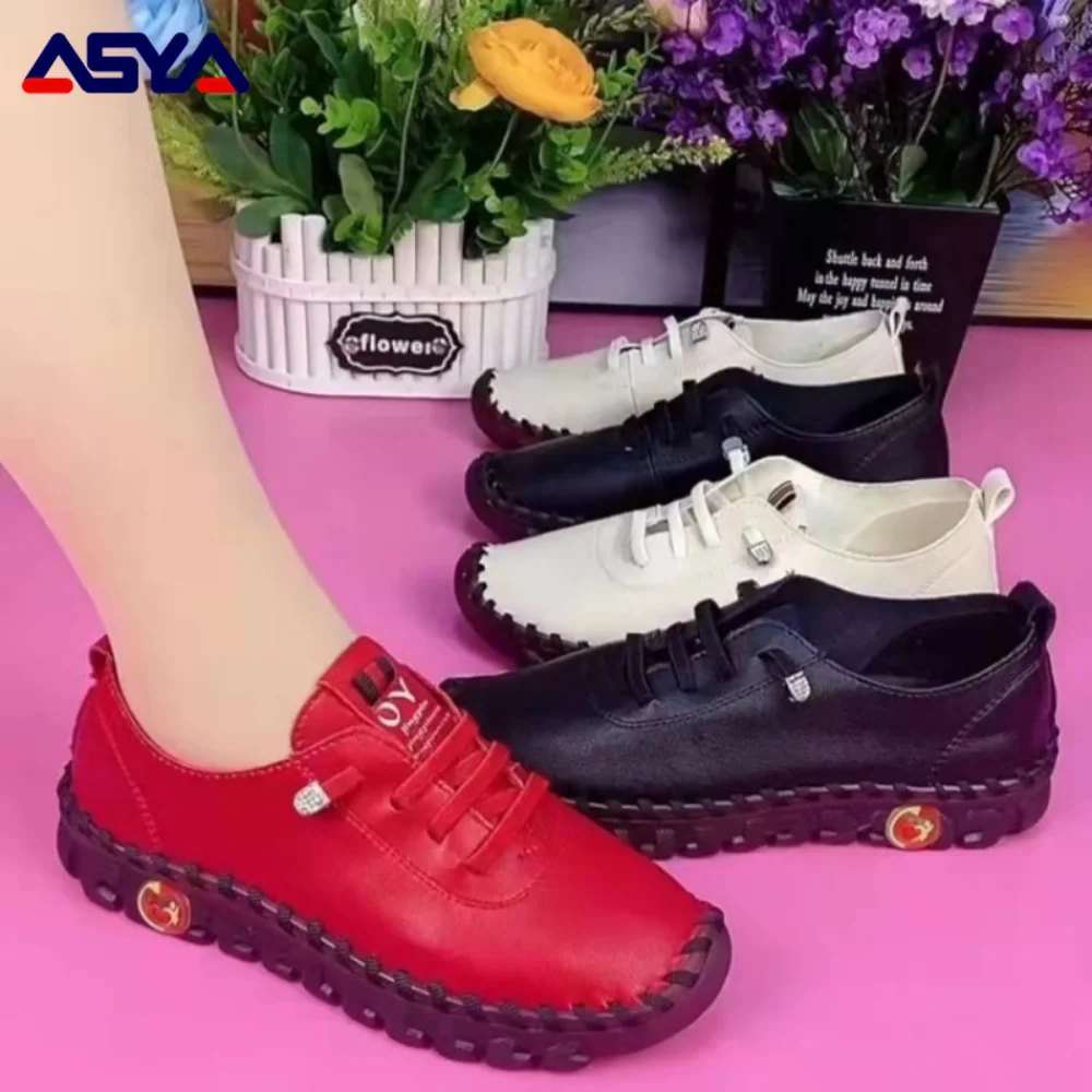 ASYAPOY Women Sneakers Breathable Flat Shoes Platform Loafers Lace Up Leather Slip-On New Fashion Casual Mom Shoe Zapatos Mujer
