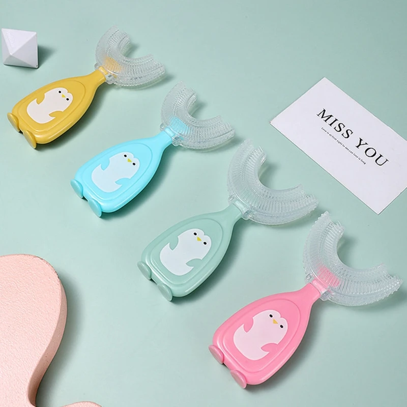 

Детская зубная щетка с мультяшным пингвином, 360 градусов, U-образная зубная щетка, прорезыватель, Мягкая Силиконовая зубная щетка для детей, ...