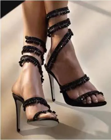 

Crystal Round Peep Toe Serpentine Winding Slip-on Gladiator Sandals Women Stiletto High Heels Dress Banquet Slingback Shoes 2023