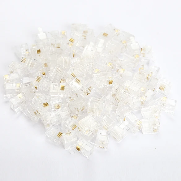 100Pcs 4 Pin RJ11 RJ-11 6P4C Modular Telephone Phone Crystal Head Plug 6P4 Core Gold Plated Brand Network Connector - купить по