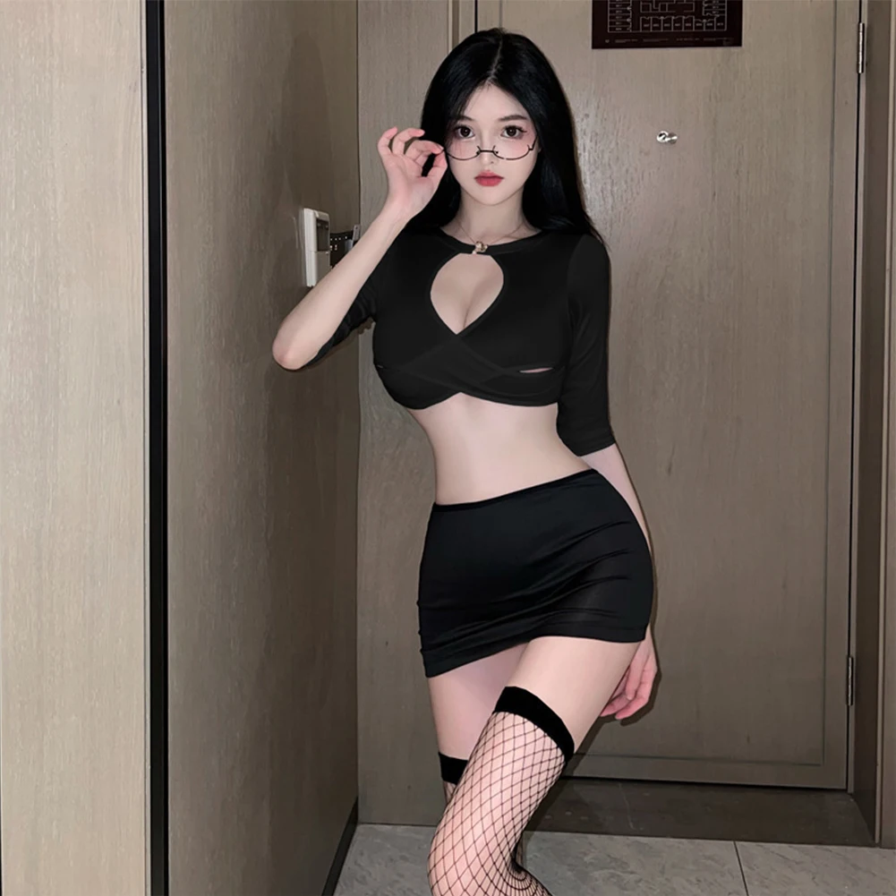 

Women Sexy OL Secretary Uniform Costume Cosplay Hollow Out Shirt+black Short Skirt Lingerie 2Pcs Set Erotic Lingerie Outfit