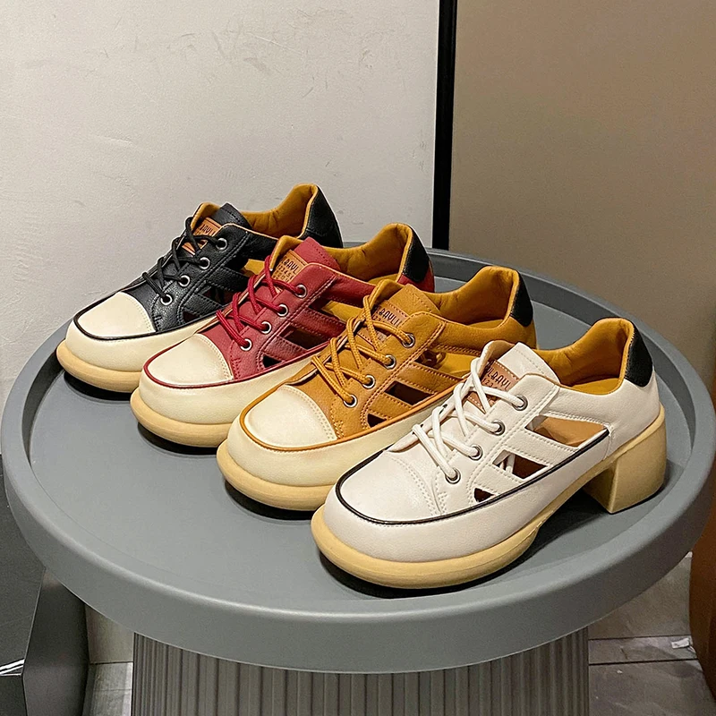 Sandals Women's Genuine Leather 2023 New High Heeled British Style Openwork Casual Single Shoes Roman Luxury Women's Sandals