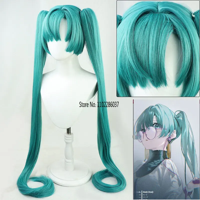 

New ReadySteady Miku Cosplay Wig 120cm Green Long Anime Clip Ponytails Synthetic Game Heat Resistant Hair Cosplay Wigs + Wig Cap