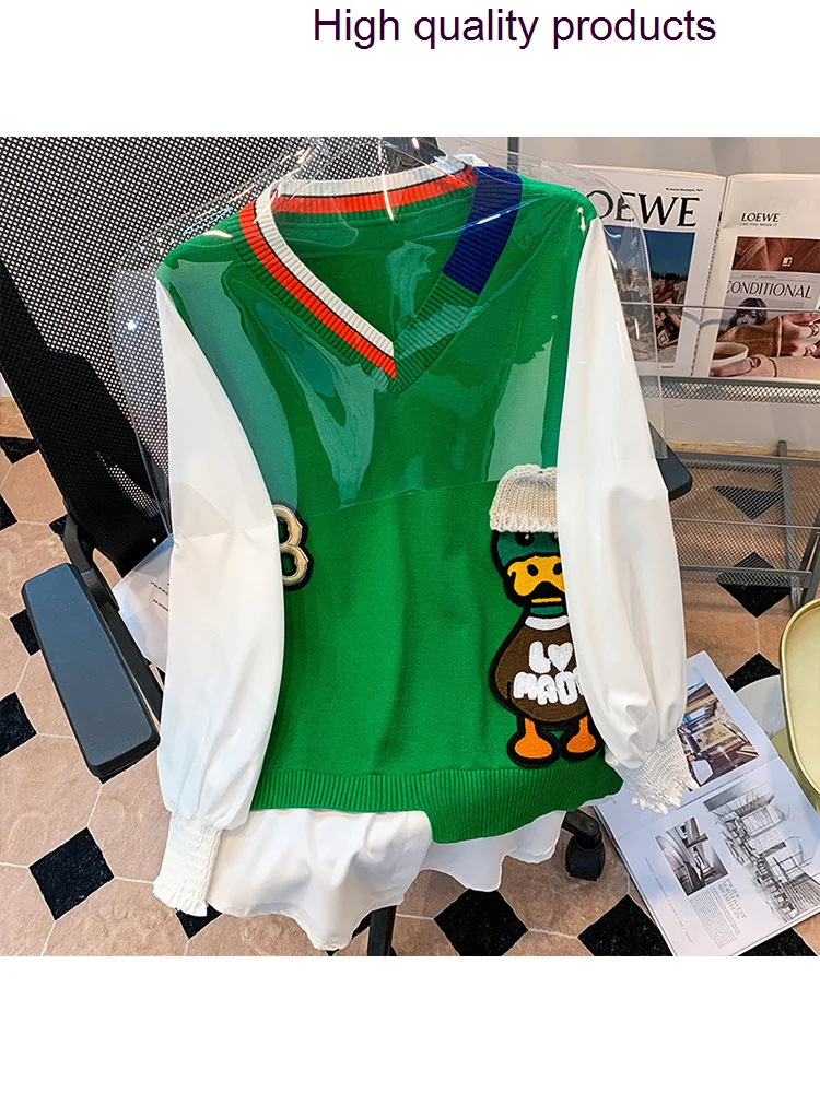 

Knitted Cartoon Patchwork Women Sweater Pullover 2023 Spring Spliced Sleeve V-neck Loose Casual Chic Stylish Tops Jumper Femme