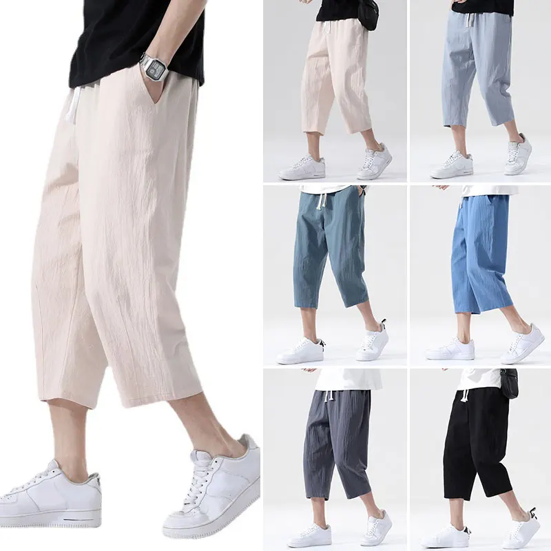 

Брюки мужские из натурального хлопка и льна, повседневные свободные льняные штаны, модные прямые брюки в Корейском стиле, лето