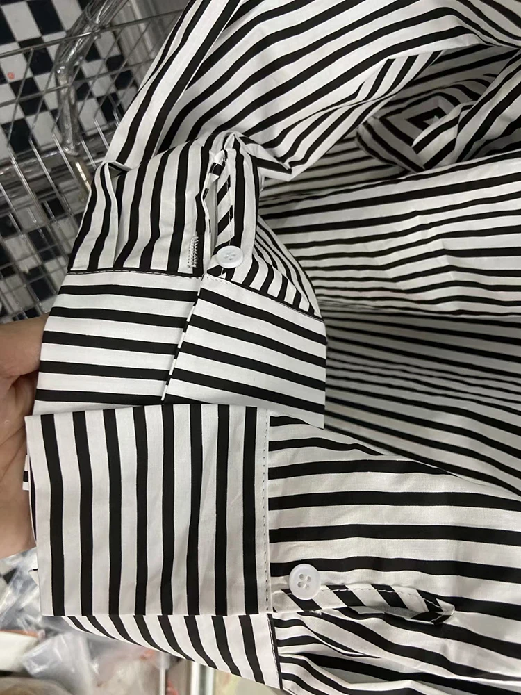 TWOTWINSTYLE Summer Two Piece Set Womens Lapel Off Shoulder Long Sleeve Tops High Waist Wide Leg Pants Striped Sets Female Style