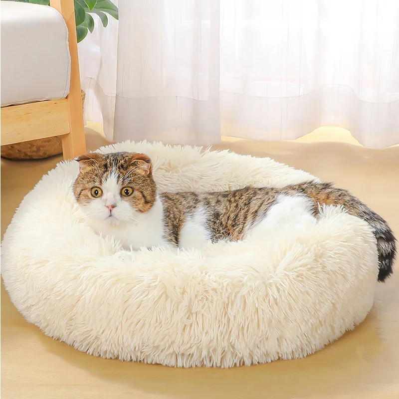 

Luxury Long Plush Dounts Dog Bed Basket Calming Bed Hondenmand Pet Kennel Cats House Shag Vegan Fur Donut Cuddler Cat amp Dog