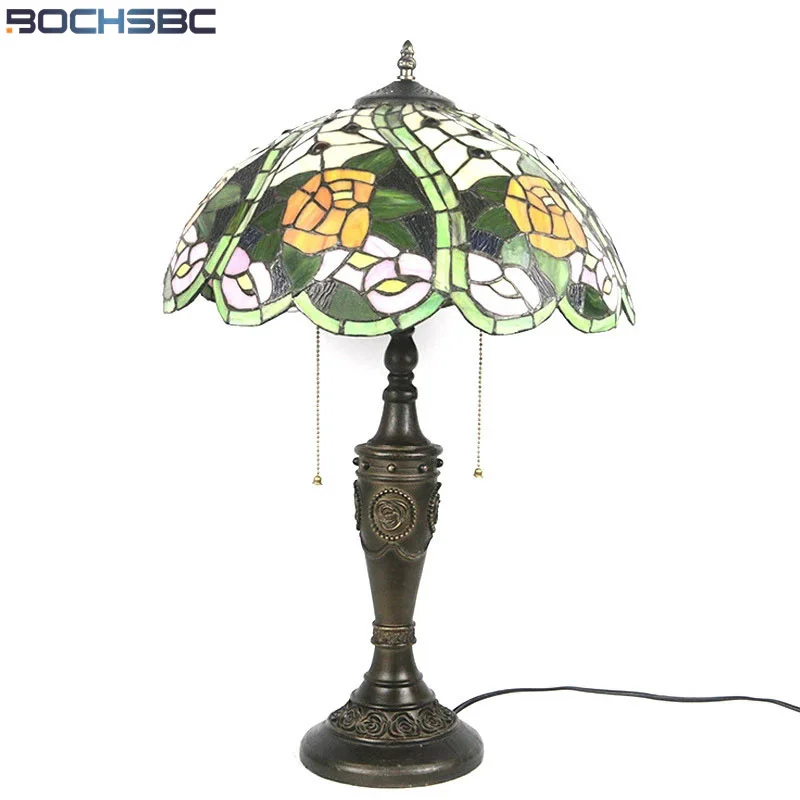 

BOCHSBC Tiffany Style Table Lamp Antique Blue Rose Stained Glass Shade Desk Art Decoration Lights Rise Cast Rose Frame Lighting