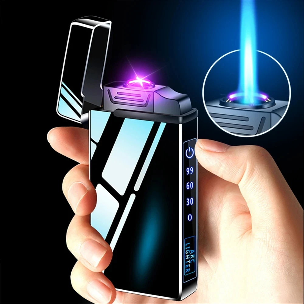 

New Windproof USB Electric Lighter LED Torch Turbo Chargeable Lighter Gas Butane Dual Arc Jet Flame Lighters Men's Cigar Lighter