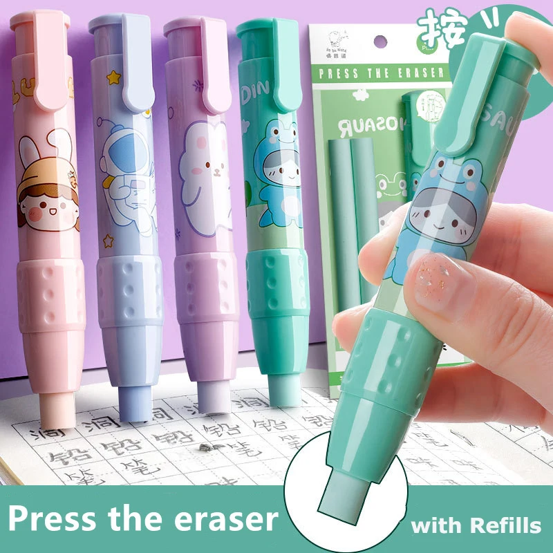

Zoecor Kawaii Eraser Pressed Cute Retractable Pencil Eraser with Refill Pen Type Rubber Core Stationery for School Student Kids