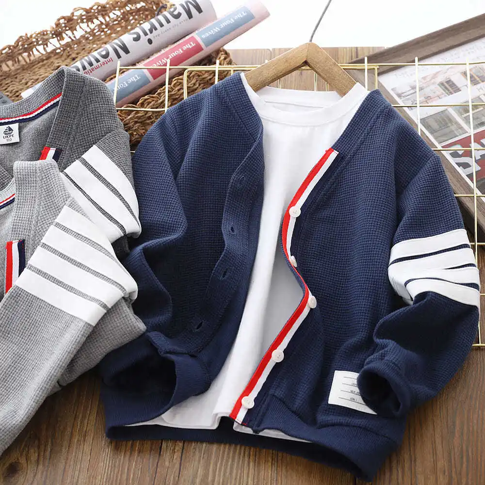 Boys' Cardigan Coat Spring and Autumn Medium and Big Children  New Casual Top Korean Super Hot Knitwear Western Style