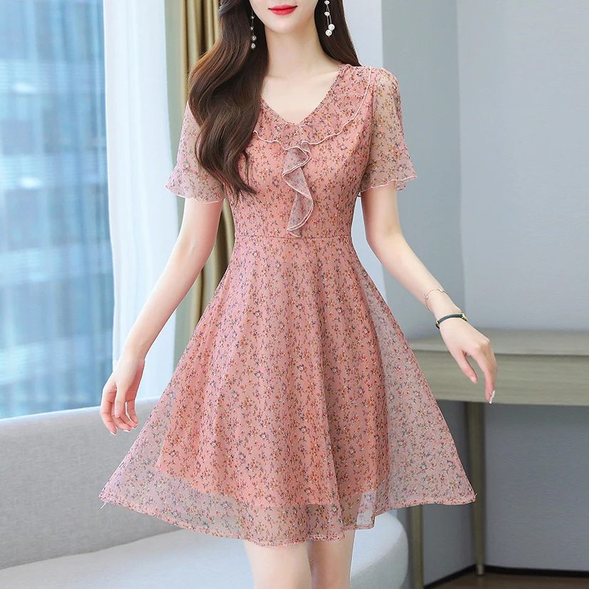 Женское шифоновое платье в горошек элегантное Красное или черное миди с коротким