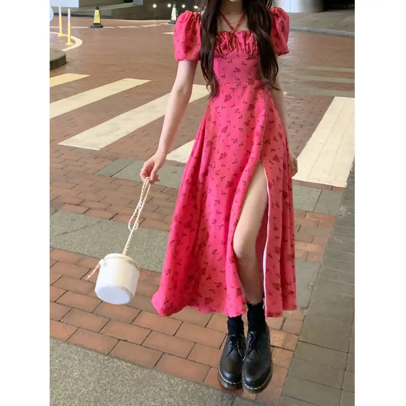 

2023 Dresses Women A-line Side-slit Print Square Collar Fashion Design Sweet Puff Sleeve Chic Clothing Female Vestidos Z69