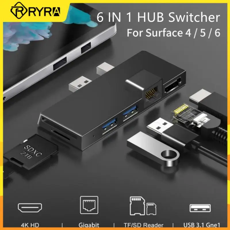 

RYRA 6 в 1 Алюминиевый сплав USB 3,0 концентратор док-станция SD/TF кардридер гигабитный сетевой конвертер для Microsoft Surface Pro