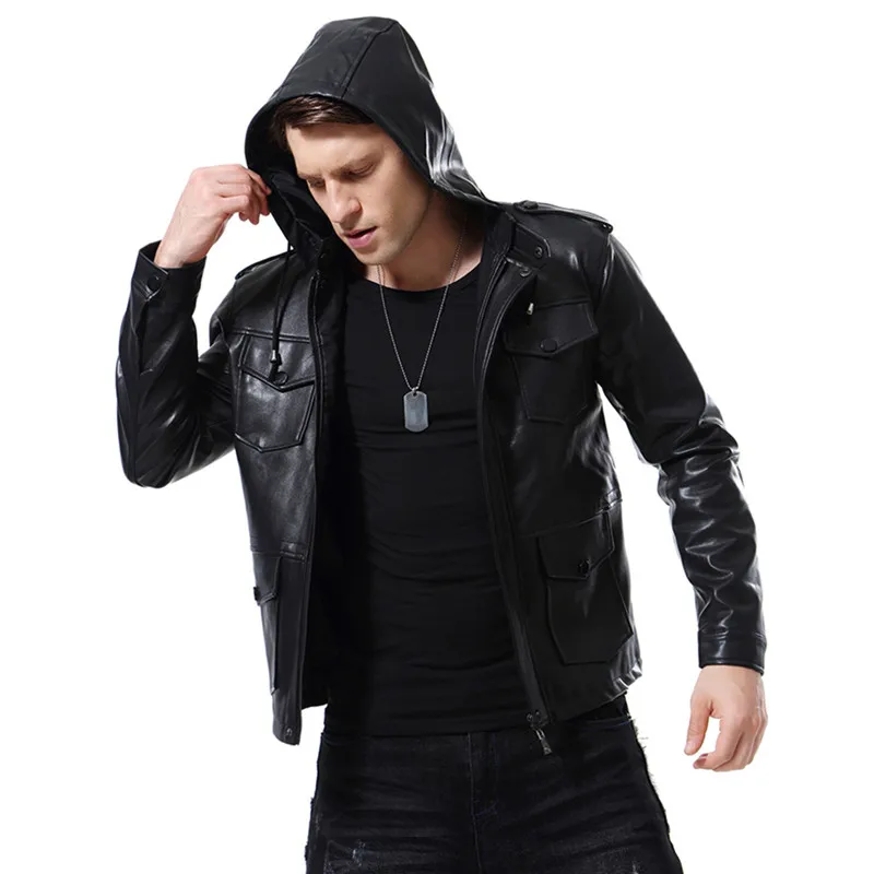Men's Spring and Autumn Hooded Leather Jacket Long Sleeve Jacket Removable Cap Large Size M-5XL Slim Casual Faux Leather New
