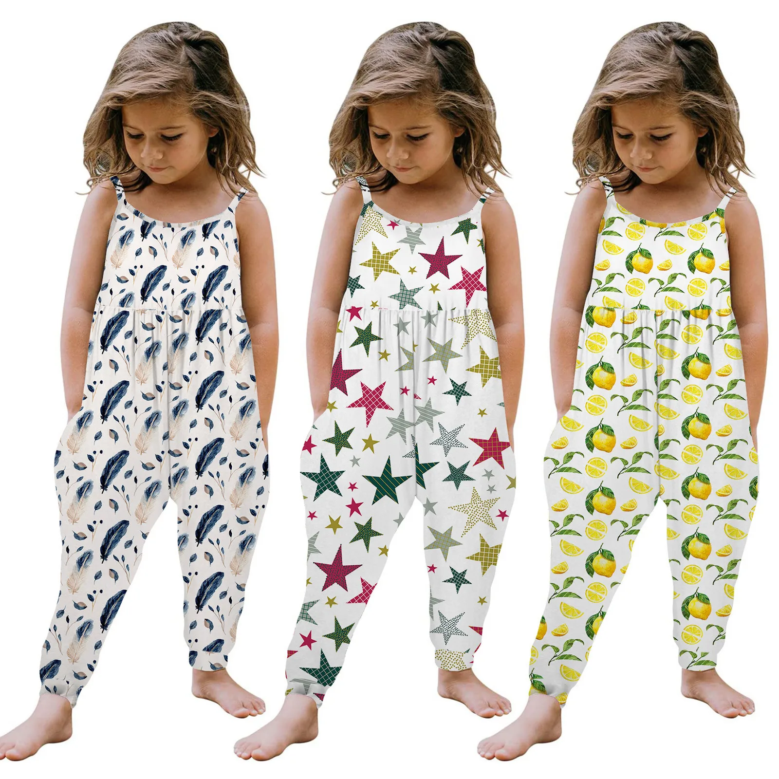 

Fashion Print Toddler Girls Jumpsuit Children Summer Clothes Sleeveless Star Feather Pattern Jumpsuit For Kids Girls Clothing