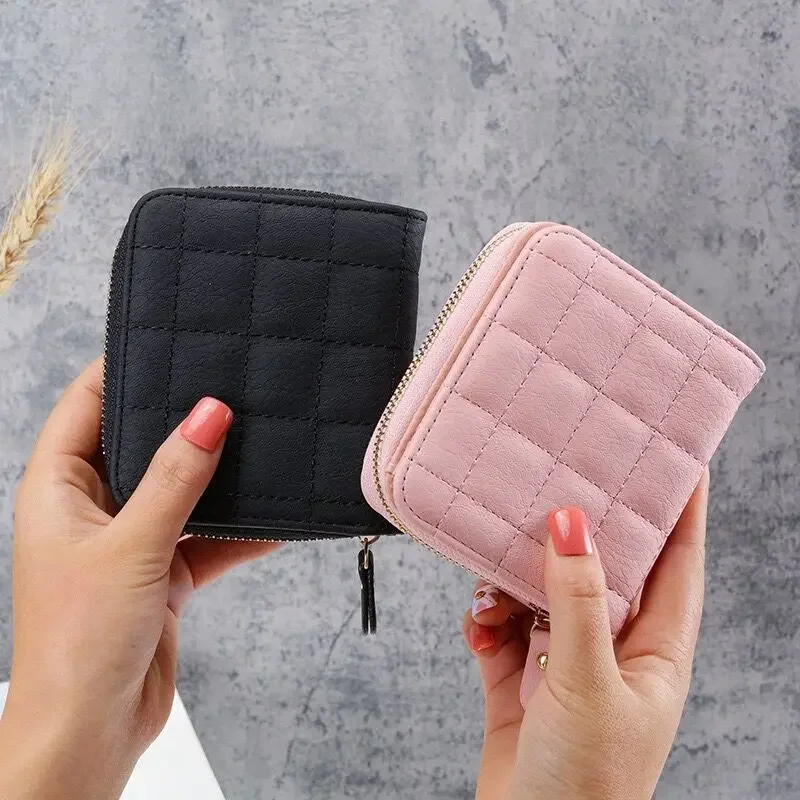 

2023 New Small Wallet Multi-Color Women's Short Zipper Buckle Checkered Wallet Cute Student Coin Purse