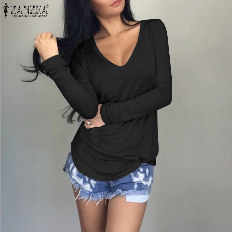 

Oversized Women Knitted T-shirts Tee 2022 Spring Lady Bottoming Tops Tunic ZANZEA Casual Solid Long Sleeve V Neck Blusas Chemise