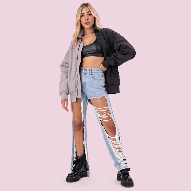 

Women Jeans With Holes The Knee Light Blue Harem Classic Pants Streetwear Fashion Ripped Denim Jean Straight straight mopping